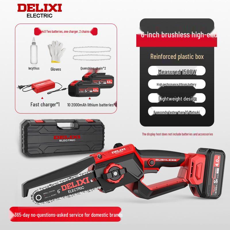 Delixi Cordless Brushless Electric Chainsaw: High-Power, Handheld Lithium Battery Saw for Home Tree Cutting.