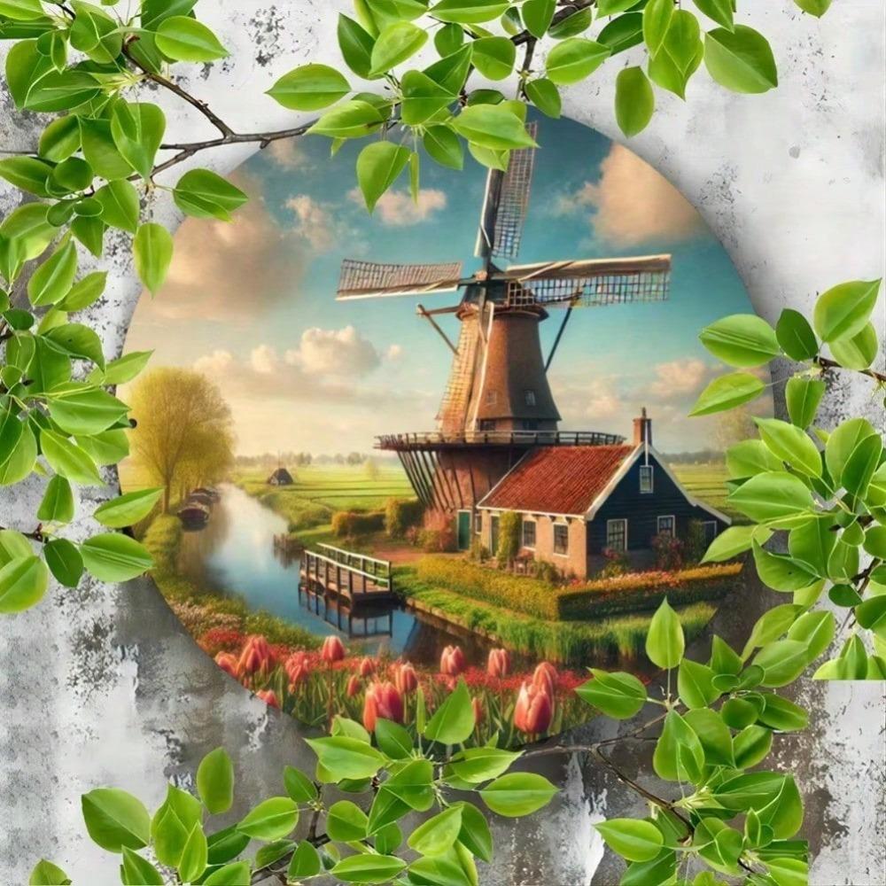 7.8 Inch Dutch Windmill Round Metal Sign HD Print Waterproof Pre Drilled for Home Kitchen Garden Wall Decor