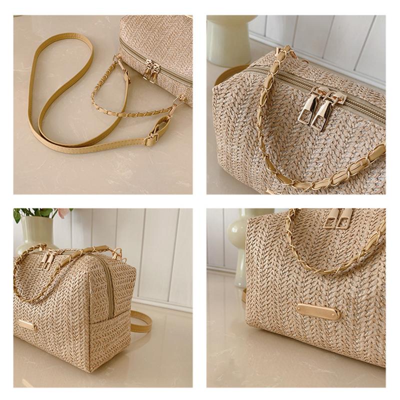 Yogodlns Fashionable Stylish Woven Straw Women's Bag New Trendy Chain Handbag Simple Woven Shoulder Crossbody Bag
