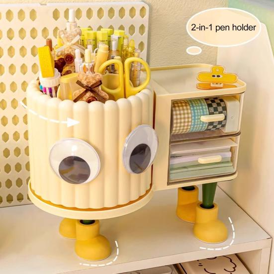 Cute Rotating Pen Holder with Drawer 2-in-1 Large Capacity Desktop Organizer for Kids Girls Multifunctional Storage And Sorting Box