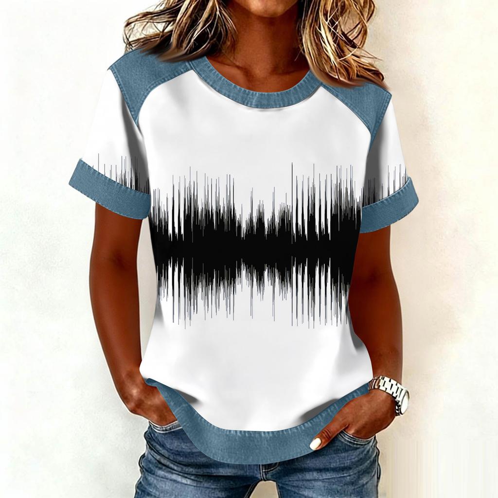 Women Denim Collar Patchwork Stitching Sweatshirt Casual  Printed Pullover Short Sleeve Shirts