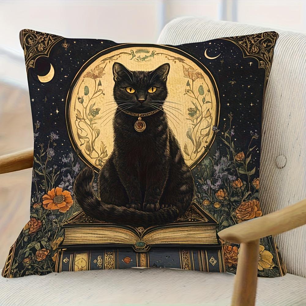 2D Flat- Vintage Witchy Black Cat Floral Book Square Throw Pillow Cover Celestial Moon Star Home Decor Cushion Case