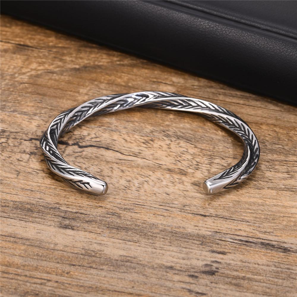 Personality Vintage Feather Thorns Twist Silver Color Open Cuff Bracelet for Men Stainless Steel Adjustable Bangle Gifts