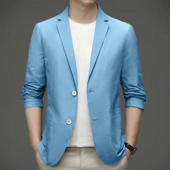 Formal Summer Suit Coat Business Coat Lapel Long Sleeves Double Buttons Straight Pockets Anti-wrinkle Solid Color Cardigan Loose Men Work Jacket