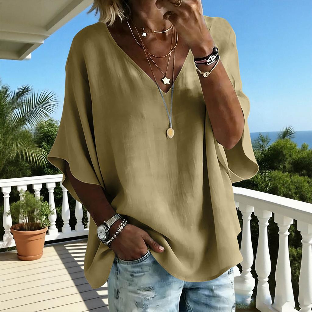 TIFICY Women's Fashion Casual Summer Spring Solid Color Print 1/2 Sleeves V-Neck Blouses & Shirts