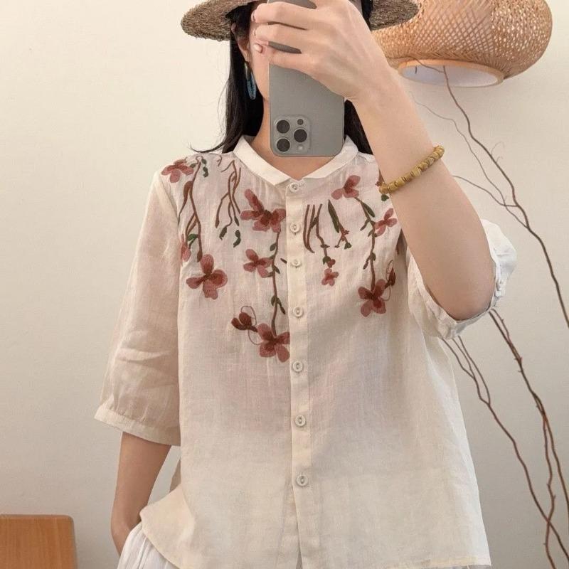 Damen Leinenhemd mit floraler Stickerei Umlegekragen Dreiviertelarm Knopfleiste Lässige Bluse
