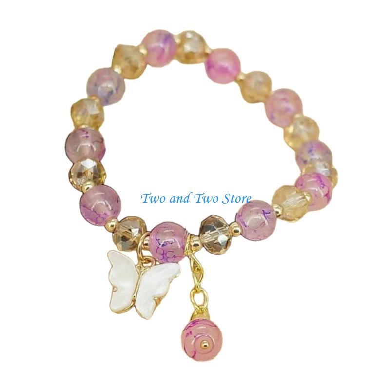 HX6F Trendy Butterfly Charm Bracelet Crystal Beads and Elastic Band Handchain Fashionable Wristband Trendy Women Wristwear