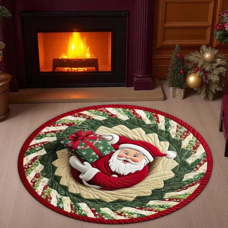 Vintage Style Coffee Drinking Santa Claus Circular Carpet Christmas Themed Carpet Bedroom Anti Slip Floor Mat Christmas Gift
