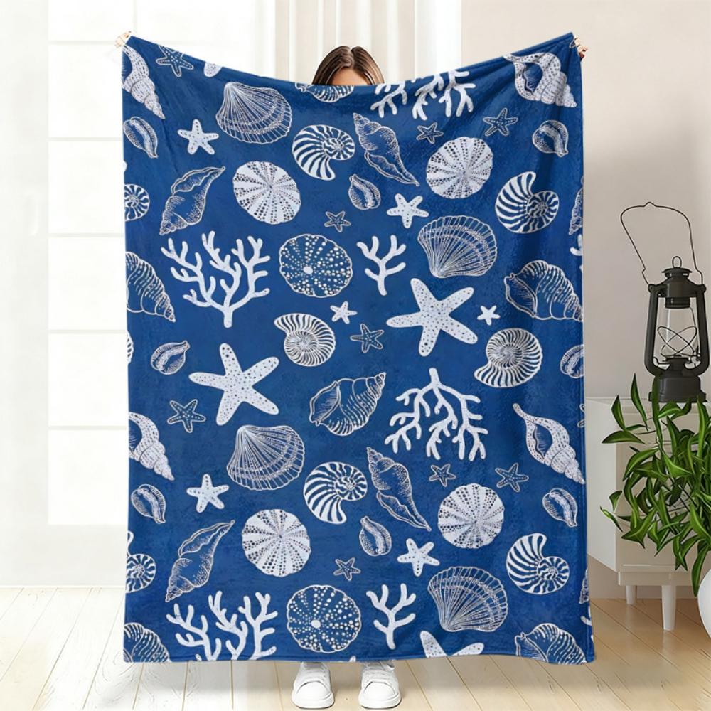 Blue Seashell Starfish Coral Ocean Print Throw Blanket Warm Living Room Blanket Reading Nook Window Lounge Indoor Rest Birthday
