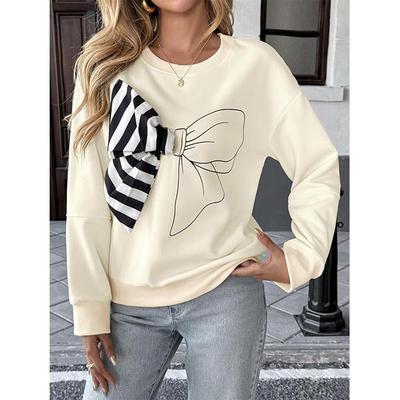 Womens 3D Striped Bow Sweatshirt Long Sleeve Drop Shoulder Christmas Crewneck Sweatshirt Oversized Pullover Tops