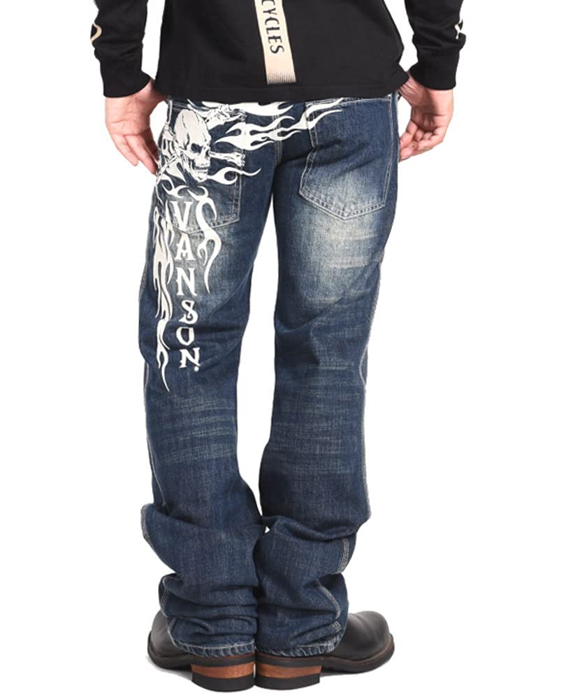 

Vanson Jeans, Crossbone Skull & Fire Pattern, Fully Embroidered, Distressed Denim Pants, SP-B-26 (Size 30, Indigo)