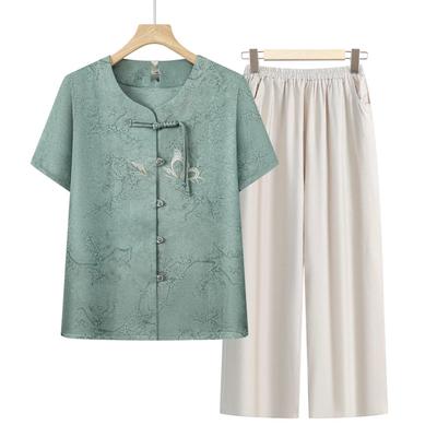 Conjunto de Duas Peças de Manga Curta de Verão para Mulheres Idosas - Moda Fashion dos Anos 60/70 para Avós e Mães