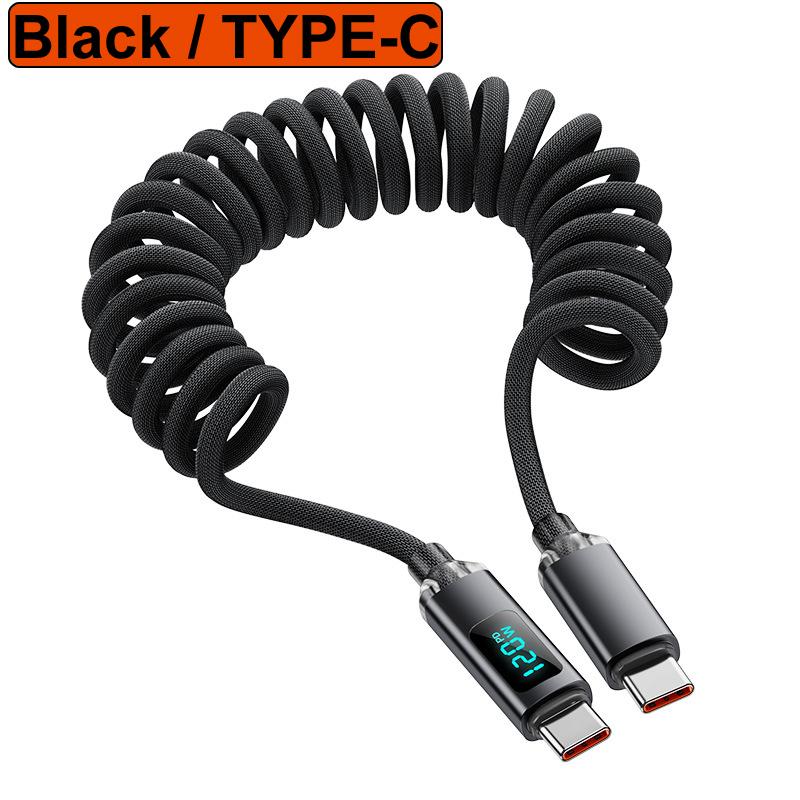 1M/2M 120W Spring Retractable USB A/C Type C To Type C Fast Charging Cable LED Digital Display DATA 480Mbps For Iphone15 16 Sams