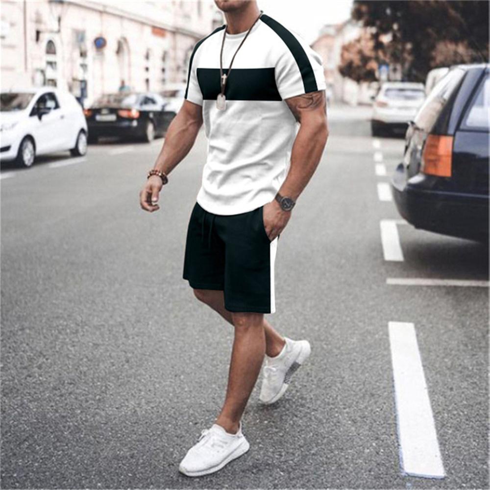 New Men's Sports Suit T Shirt Solid Color Casual Plus Size Tracksuit Man Summer Clothing Streetwear Male Shorts Two Piece Sets