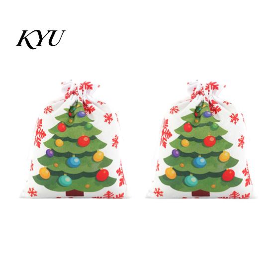 Christmas Eve Gift Wraps 2Pcs Drawstring Bags, Xmas Tree Reindeer Printed Candy Treat Small Goodie Bags Pouches, Reusable Fabric Holiday Party