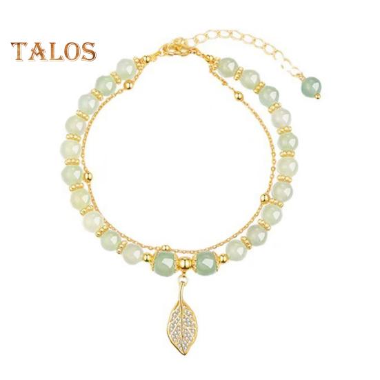 

Женский браслет из искусственного нефрита с гладкой бусиной в форме листа, двухслойный, регулируемая длина, горный хрусталь, женский браслет, выпускной, повседневное украшение на запястье 1pc