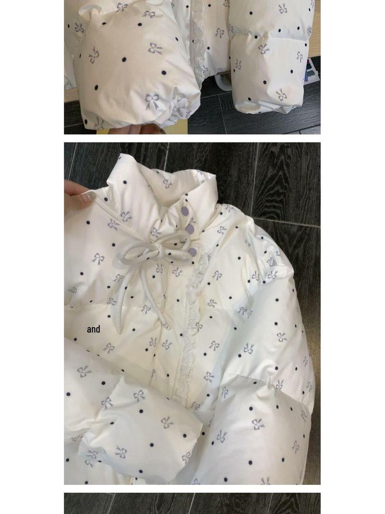 Women's Embroidered Bow Tie Stand Collar Lace Jacket – Winter Style, Warm Cotton Padded, Sweet Splicing Design