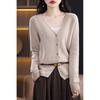 Women's V-Neck Wool Sweater Cardigan - Solid Color, Buttoned, Versatile Casual Outerwear for Spring and Autumn