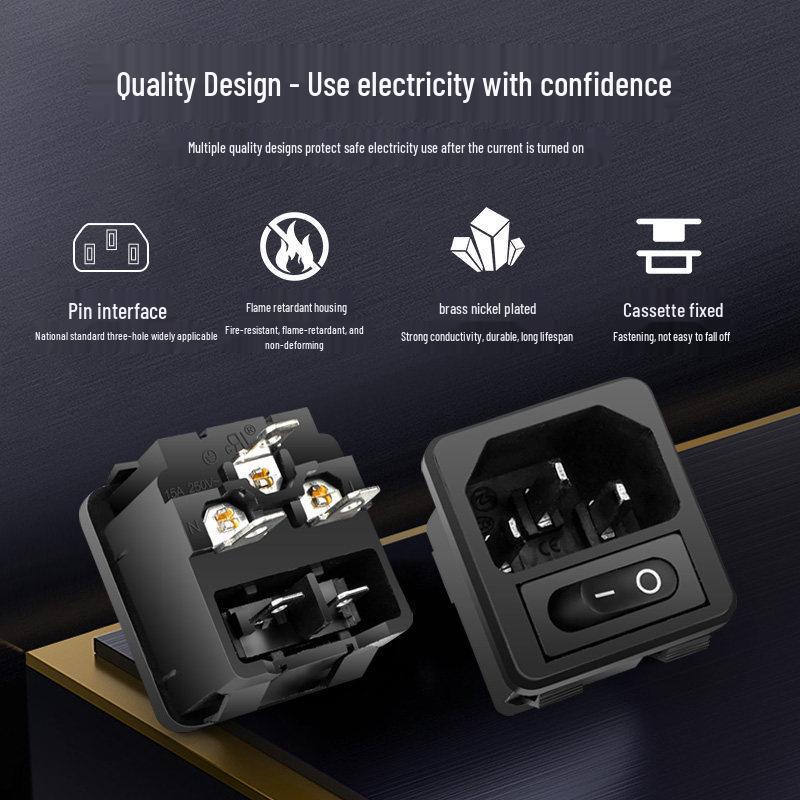 Embedded AC C13 Power Socket with Black 2-Pin Switch, Snap-Fit, Three-Hole, 10A 250V