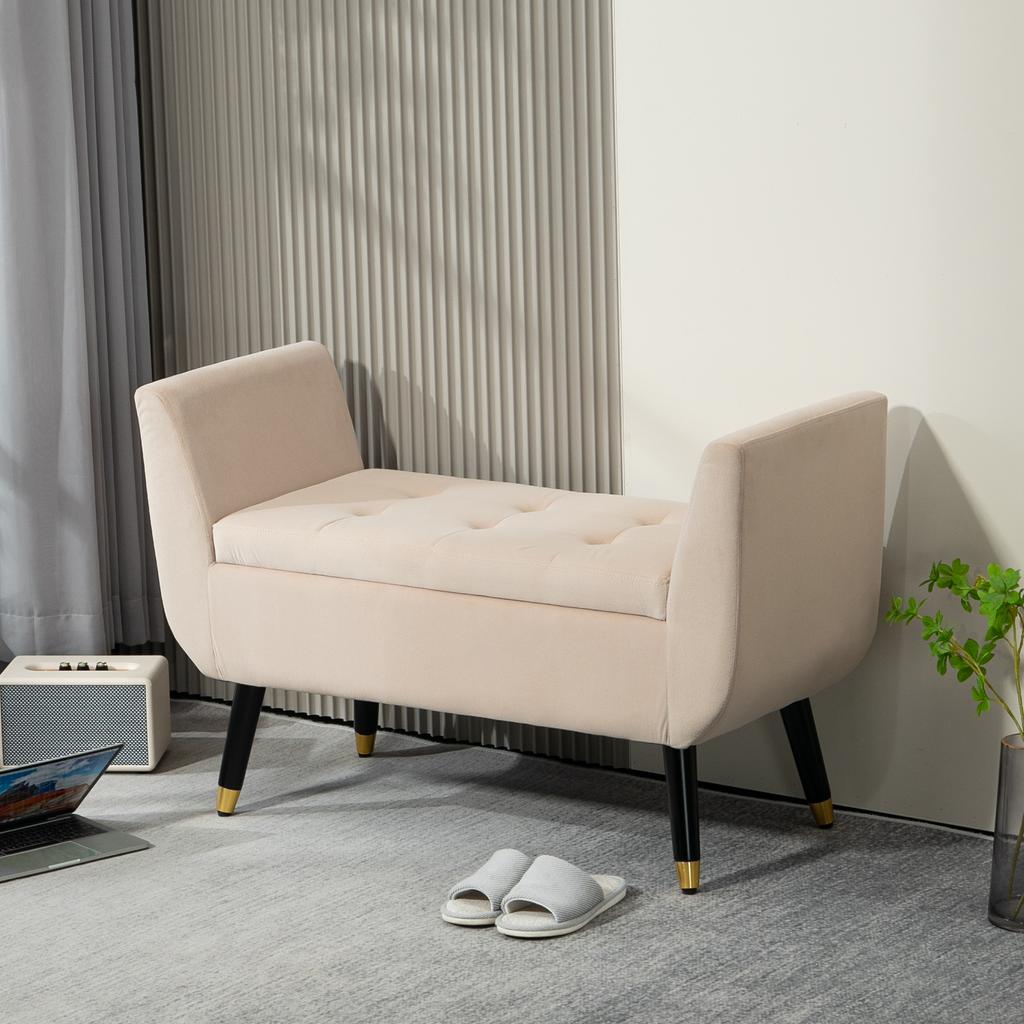 Gepolsterte Bank mit Stauraum, Armlehnen, Samtähnliches Polyester, Kautschukholz, 107 x 42 x 65 cm, Beige
