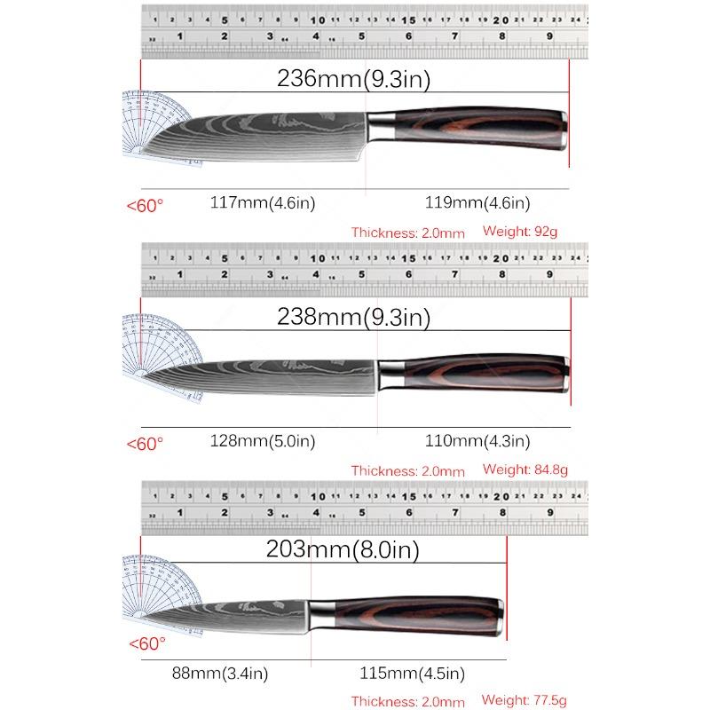 3 ks Nerezový víceúčelový nůž Extrémně tenký ostrý nůž na ovoce Santak Řezbářský nůž Barevná rukojeť se vzorem dřeva Kvalitní kuchyňská sada nožů