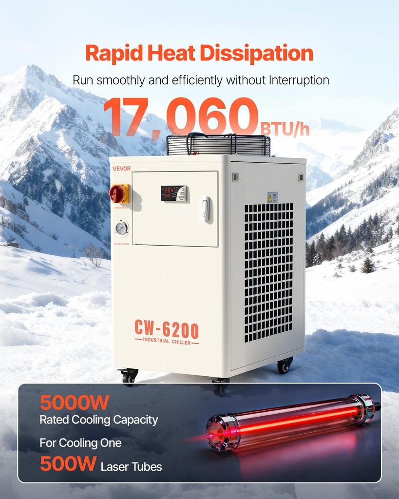 Industrial Water Chiller, 5000W, Industrial Water Cooler Cooling System with Compressor, 15L Tank Capacity, 70 L/min Max Flow Rate, Laser Chiller, for