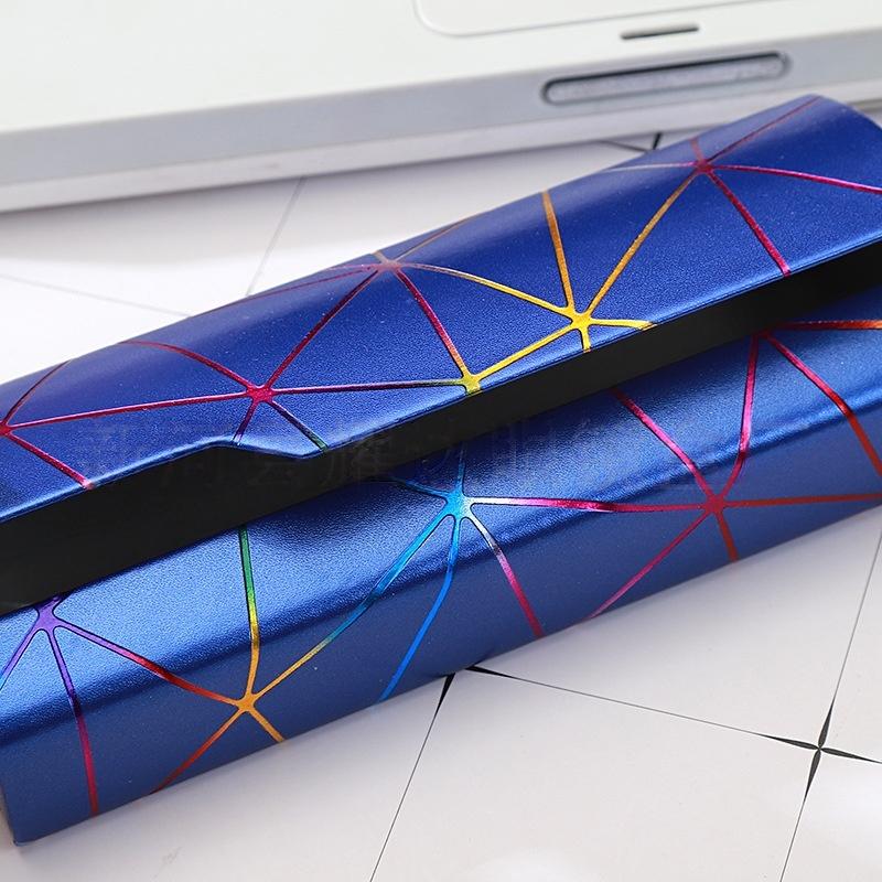 Hard Eyeglasses Case Fashion Geometric Line Decor Waterproof PU Leather Shockproof Spectacle Box for Students Teens