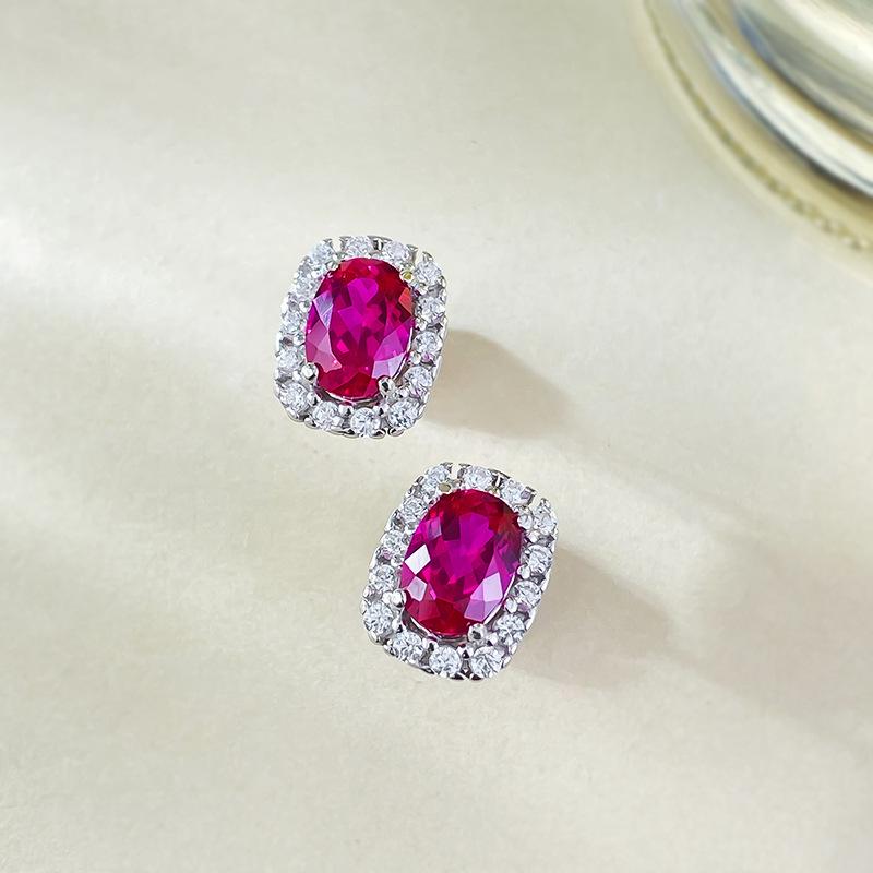 Longlongjin S925 Silver 1 Carat Simulated Ruby Stud Earrings for Women - Simple, Versatile Style