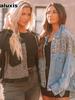 Fall Winter Women's Denim Jacket Long Sleeve Leopard Print Patchwork Coat