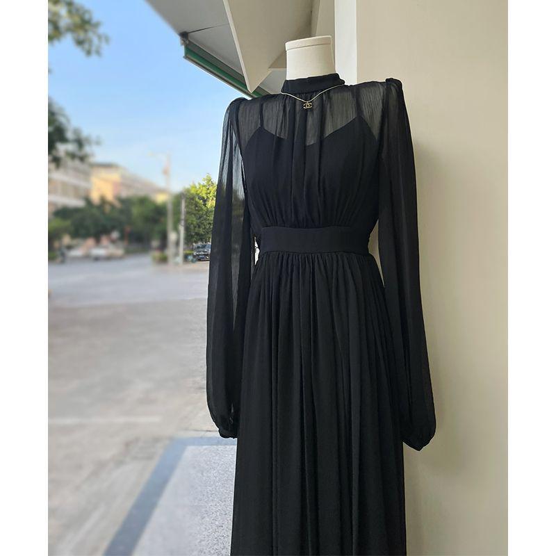 

Women s Spring 2024 Elegant Black Waist-Hugging Long Dress S 45-50 kg чёрный