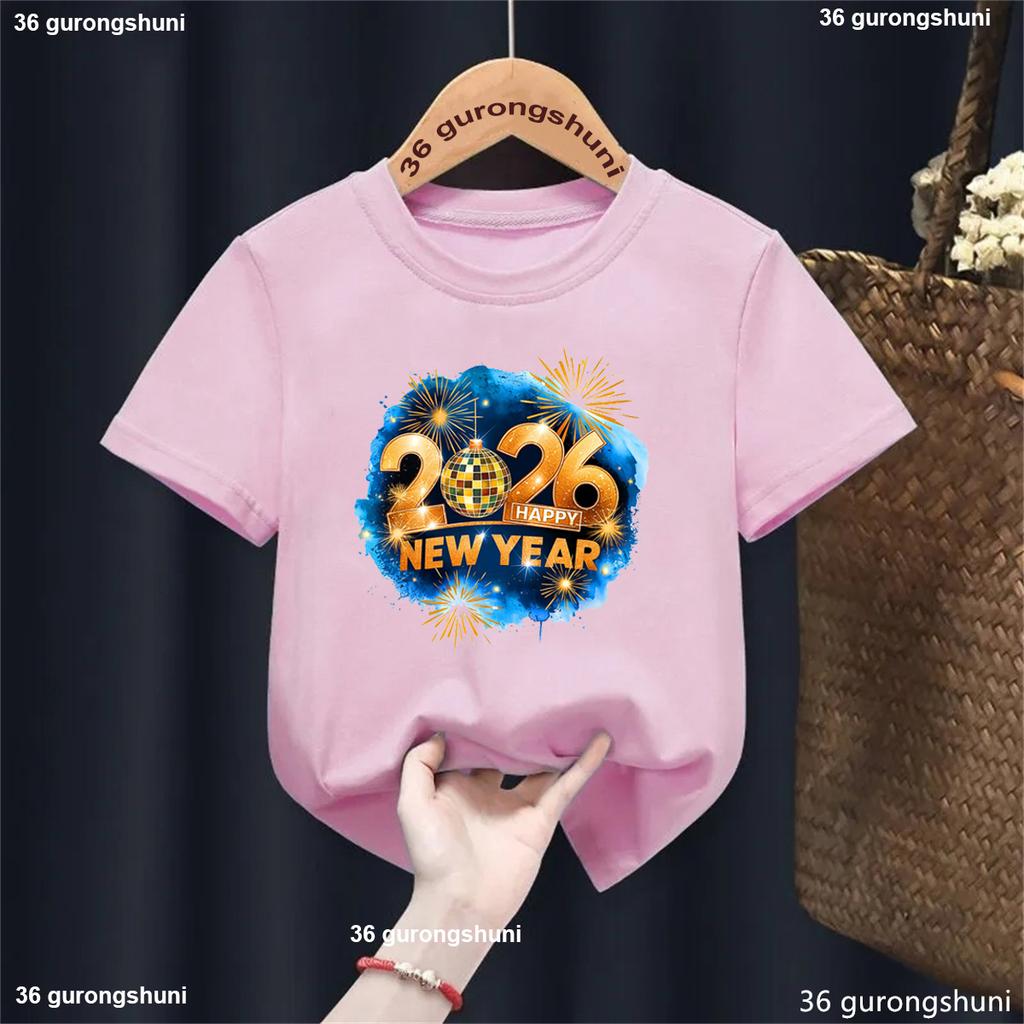 Happy New Year! Sparkling Gold 2026 Printed T-shirt Fashion Girls/Boys New Year Winter Holiday T-shirt Kids New Year Gift Tops
