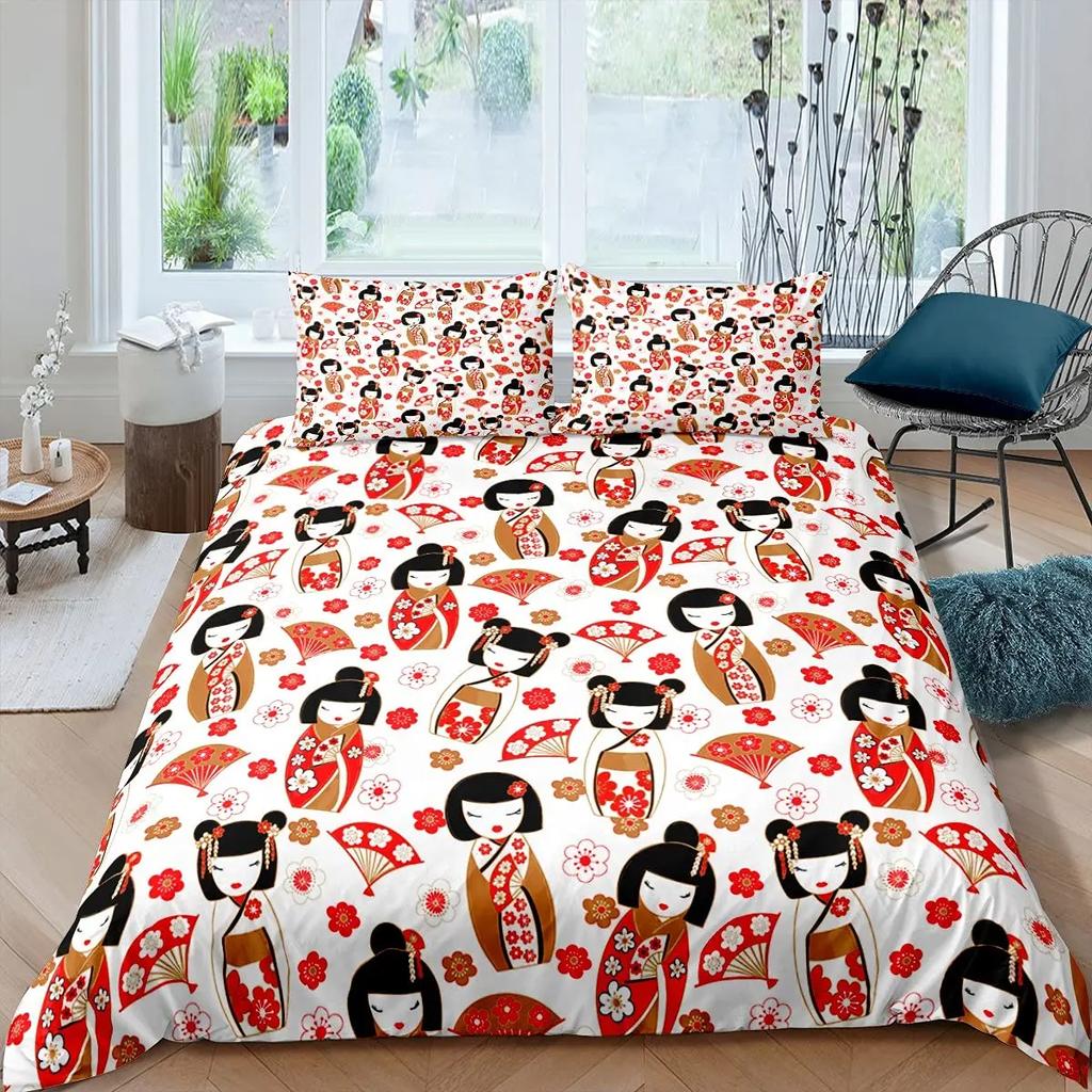Japanese Geisha King Queen Duvet Cover Red Woman Bedding Set For Kids Teens Adults Koi Fish Eastern Culture 2/3Pcs Quilt Cover