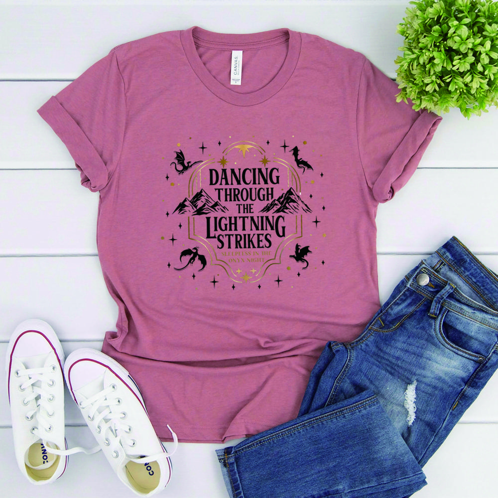 Dancing Through The Lightning Strikes T-shirt Fourth Wing Inspired Design Shirt Onyx Storm Short Sleeves Tops Dragon Lover Gift