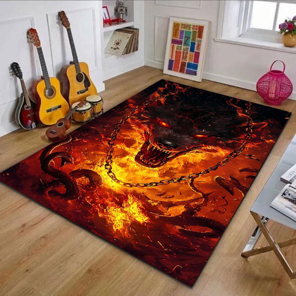 Fiery Wolf with Chains Patterned Carpet, Non Slip Mat Suitable for Living Room and Bedroom Sofas