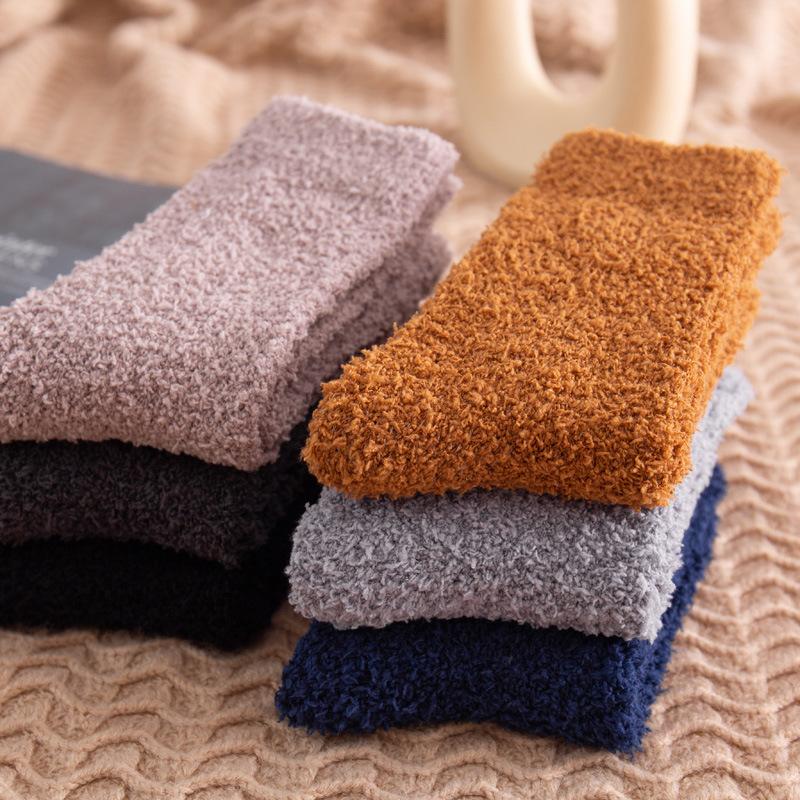 5/10 Pairs Solid Colour Men's Mid Calf Socks Autumn Winter Thickened Warm Floor Socks Home Use Non Shedding Coral Fleece Socks Comfortable