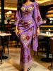 Damen Violett Vintage Rosenmuster V-Ausschnitt Wickel-Maxikleid Raffung an der Taille Kimono-Ärmel Elegantes Kleid