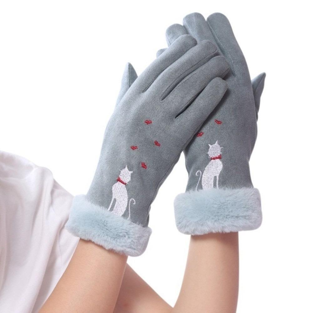 New Warm Winter Gloves Full Finger Windproof Driving Mittens Cat Embroidery Coldproof Touch Screen Gloves Women