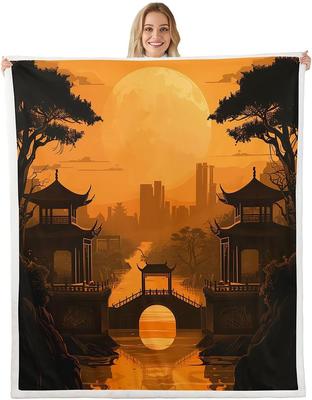 Moon Landscape Blanket Traditional Pavilion Design Golden Sunset Soft Throw Oriental Art Bedroom Decor Wall Hanging Home Textile