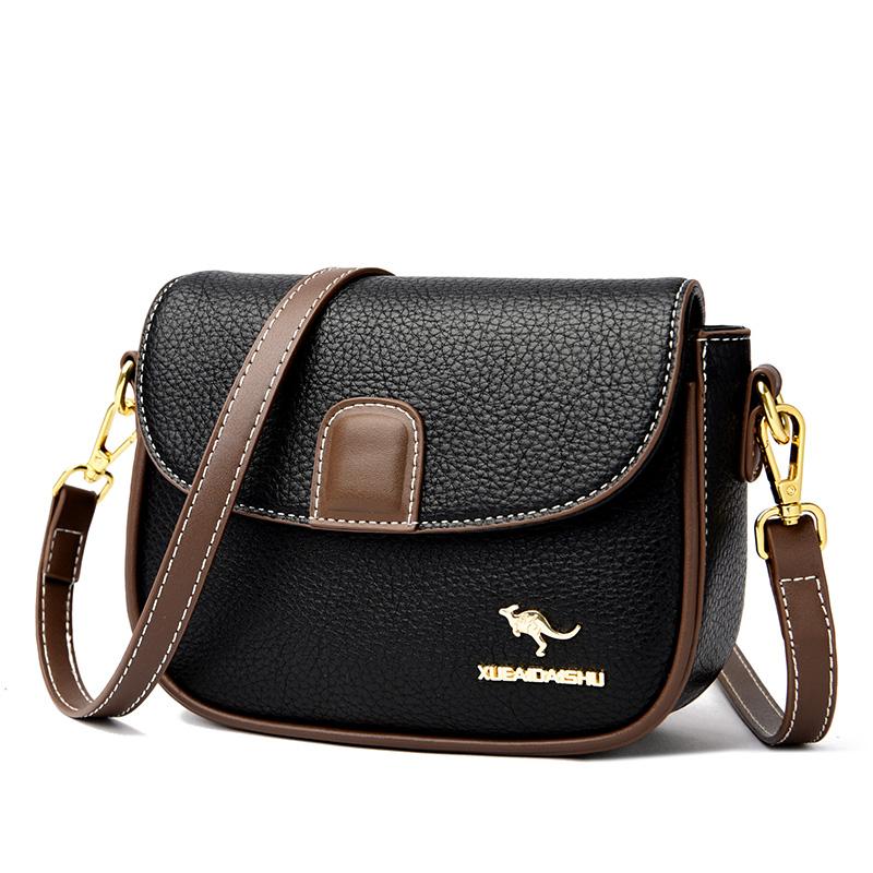 Genuine Leather Simple Style Small Shoulder Messenger Bag for Women Solid Color Wide Strap Crossbody Bag