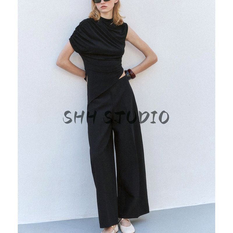 Spring New Women's Clothing French Stand Collar Sleeveless Asymmetric Design Elegant Fashion Tops 1131346