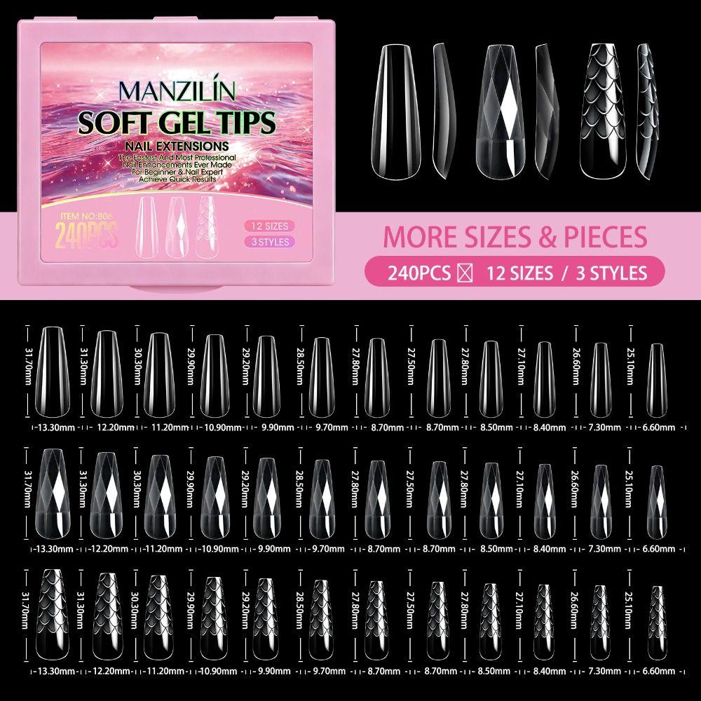 240pcs 12 Sizes Press on Nails Shell/Almond Shape Gel Nail Tips Woman DIY Nail Art