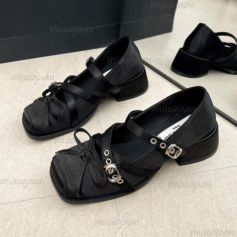 Fashion Mid Heel Belt Buckle Bow Square Toe Women's Lolita Shoes Chunky Heels Women Mary Jane Shoes Size 35-40 Elegant Zapatos De Mujer