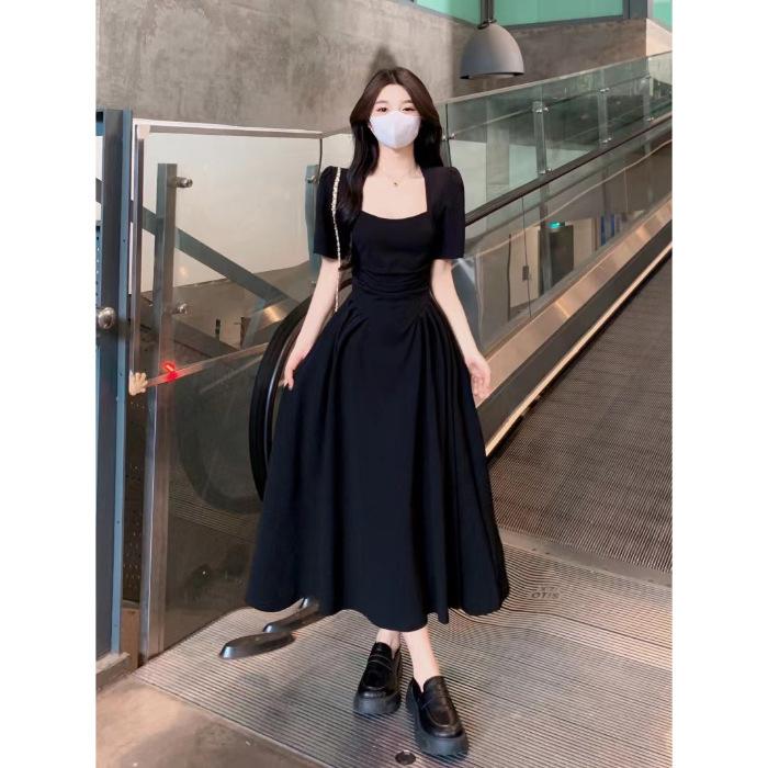 Black dress women's summer new French retro square collar waist and thin temperament Hepburn style long skirt