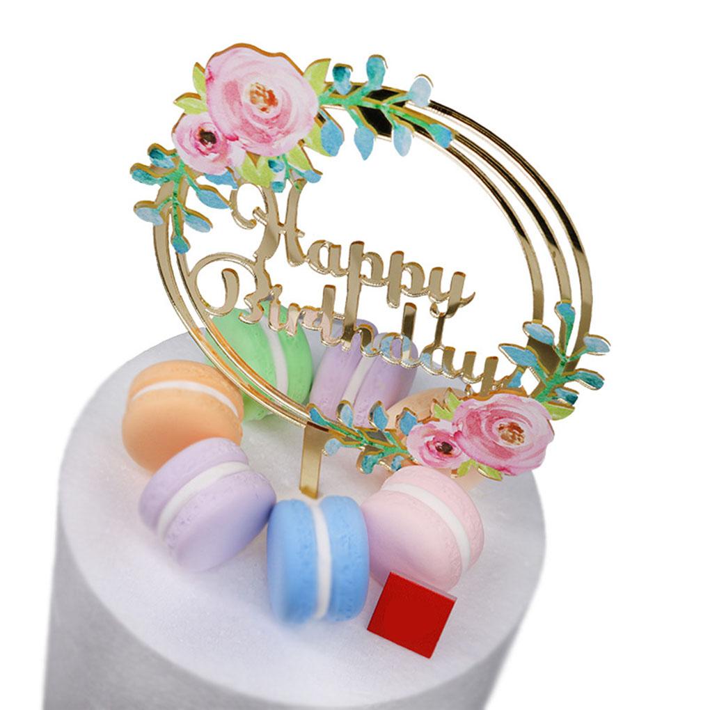 Birthday Cake Topper Acrylic Birthday Cupcake Decoration with Flower Pattern Gold Cake Topper with Letters