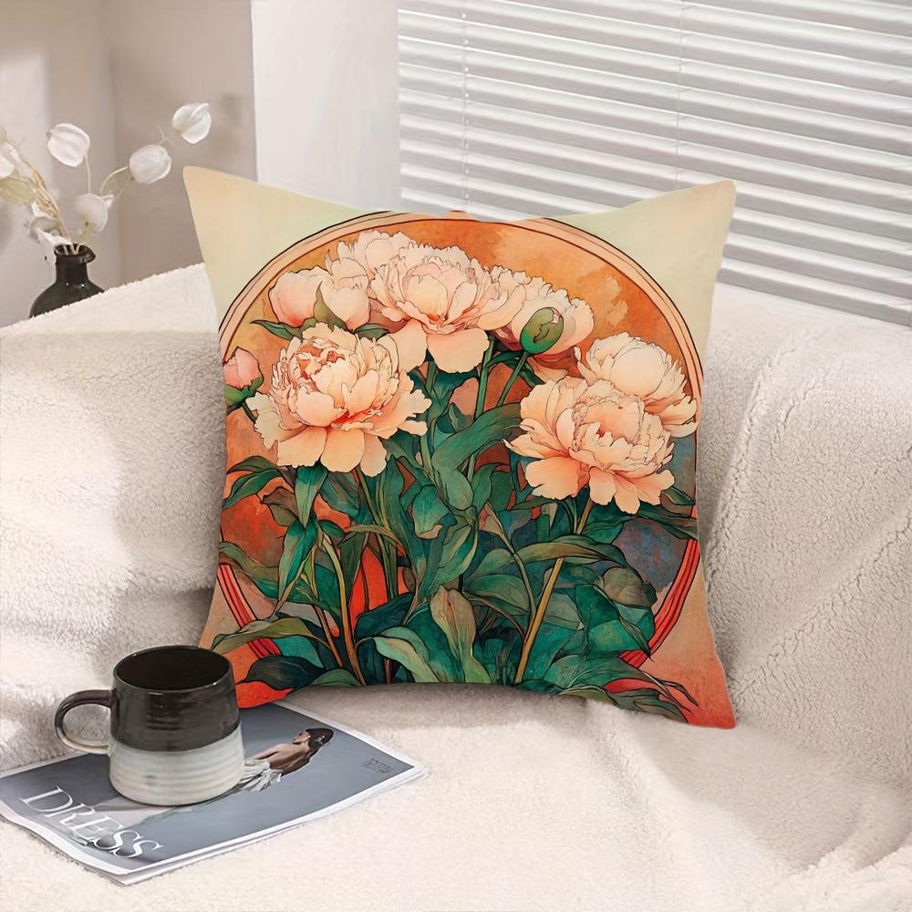 Art Nouveau Peony Floral Print Throw Pillow Cover, Vintage Botanical Style Decorative Cushion For Living Room Bedroom Sofa Couch