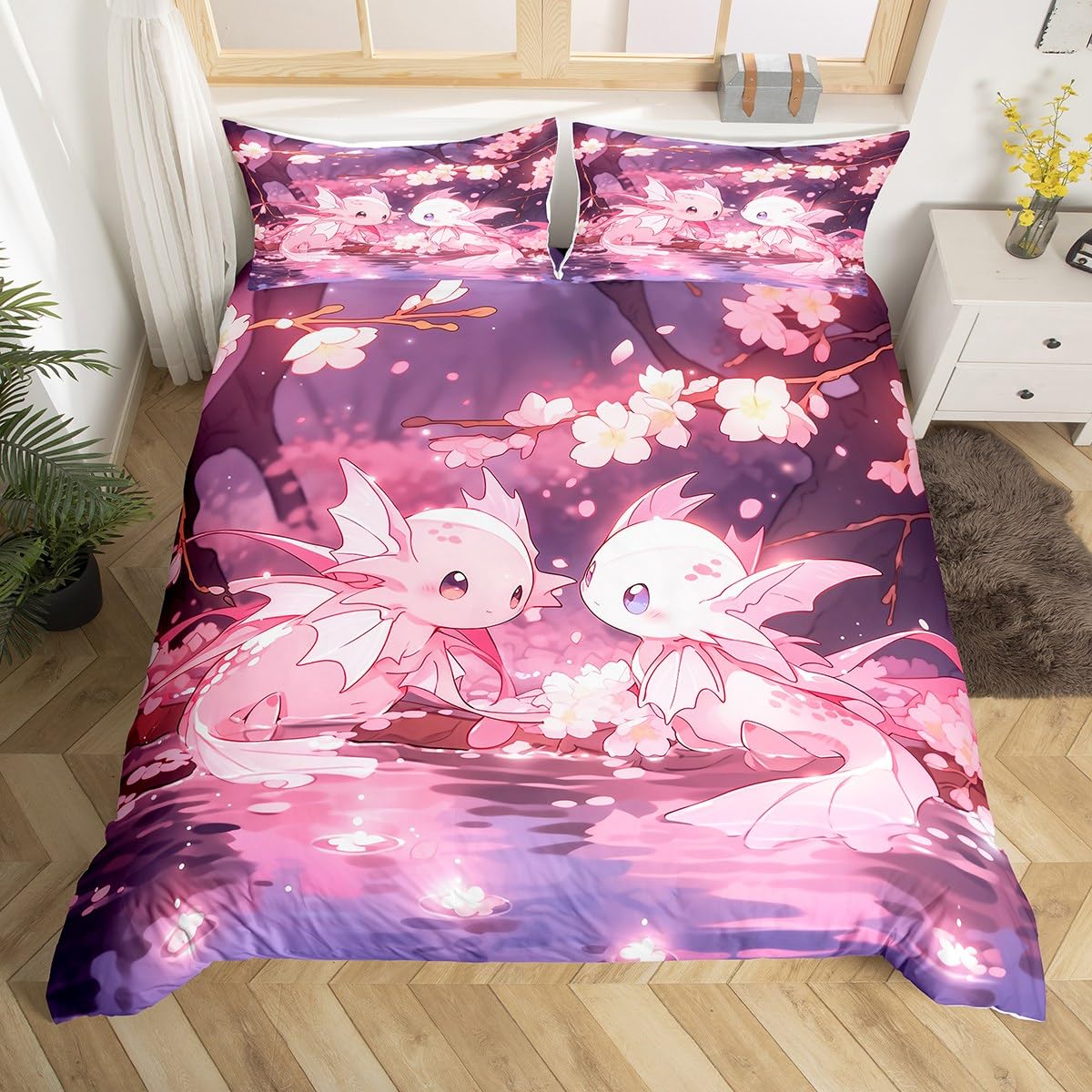 

Comforter Cute Axolotl Botanical Leaf Bedding Setsea Animal Comforter For Boys Girls Cartoon Salamander Comforter (quilt)-EU Single(135*200cm)3pcs