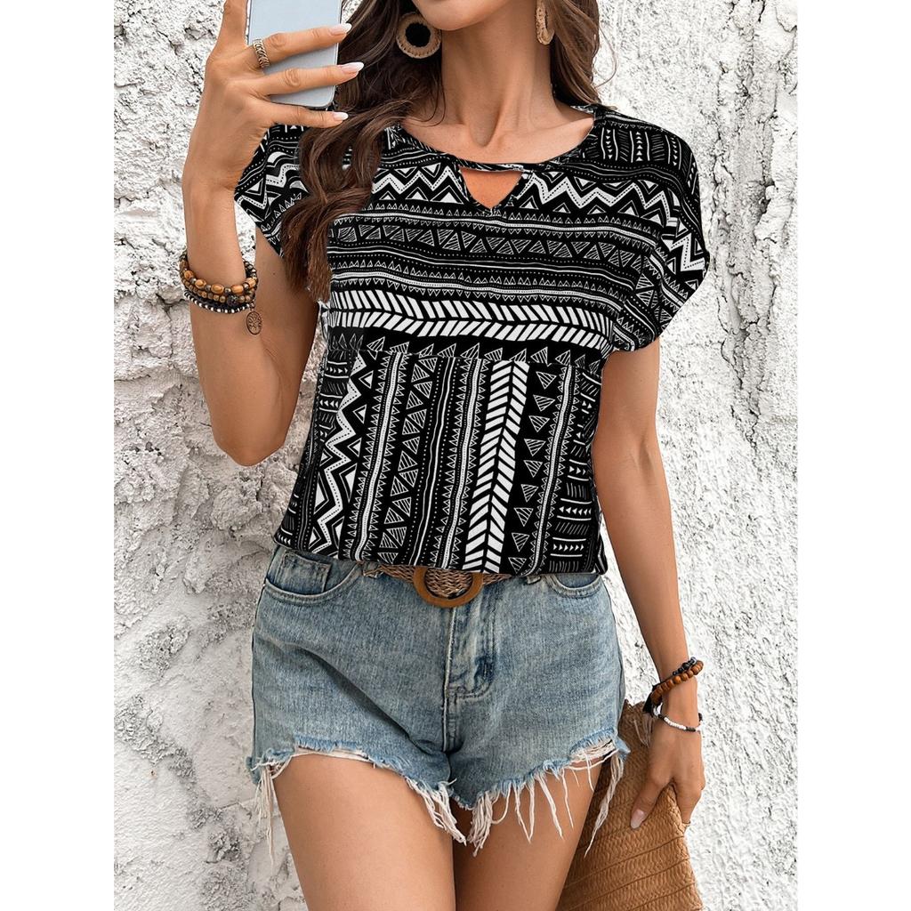 GMXIA Women's European and American Geometric Pattern Round Neck Short-sleeved Shirt Top
