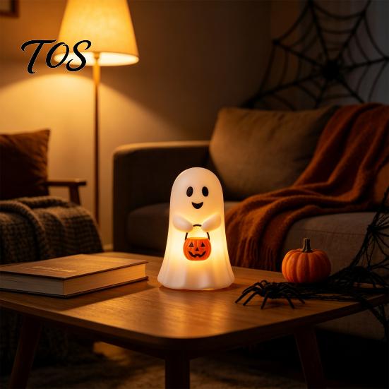 Indoor Outdoor Halloween Accents Cute Ghost Holding Pumpkin Bucket Table Lamp, Spooky Bedside Decorative Figurine for Party Small LED Night
