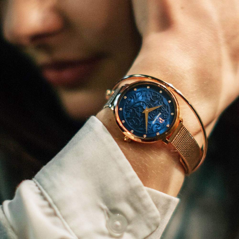 Relógio Pierre Lannier Aeolia Collection Mesh Belt P039L968 Importado Ouro Rosa x Azul Marinho [Pierre Lannier] Feminino [Produto Regular]