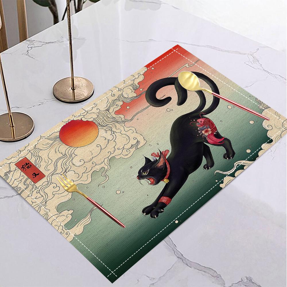 Japansk Ukiyo-e Stil Linne Dukunderlägg Halkfria Bordsunderlägg Rektangulära Halkfria Matsalsbord för Kök Heminredning Viktiga Tillbehör